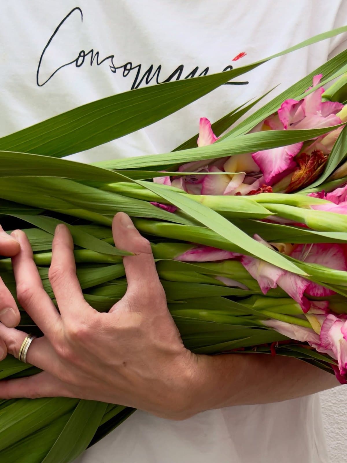 Brațe care țin un mănunchi mare de gladiole, în fața unui tricou cu numele Consommé scris de mână